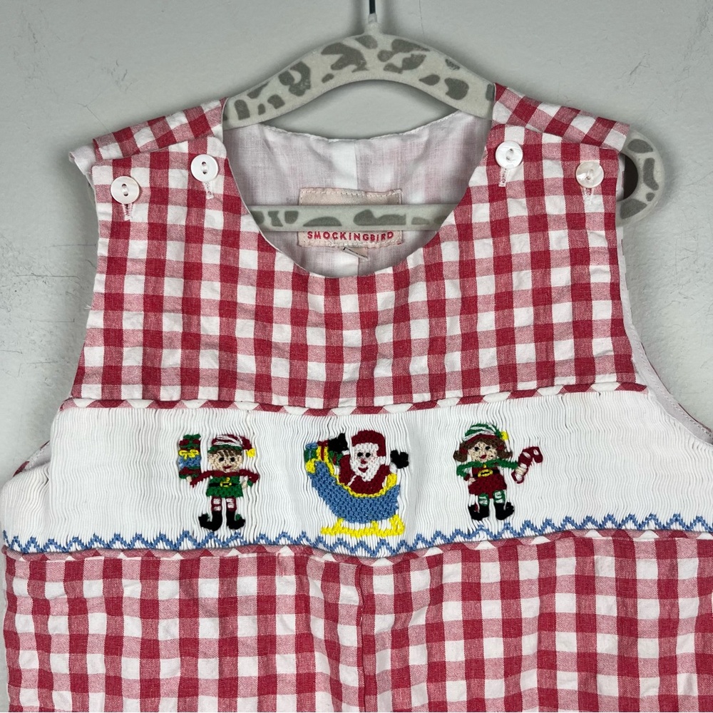 Smockingbird Red White Christmas Gingham Santa Elf Jon Jon Smocked 24 Mon Preppy